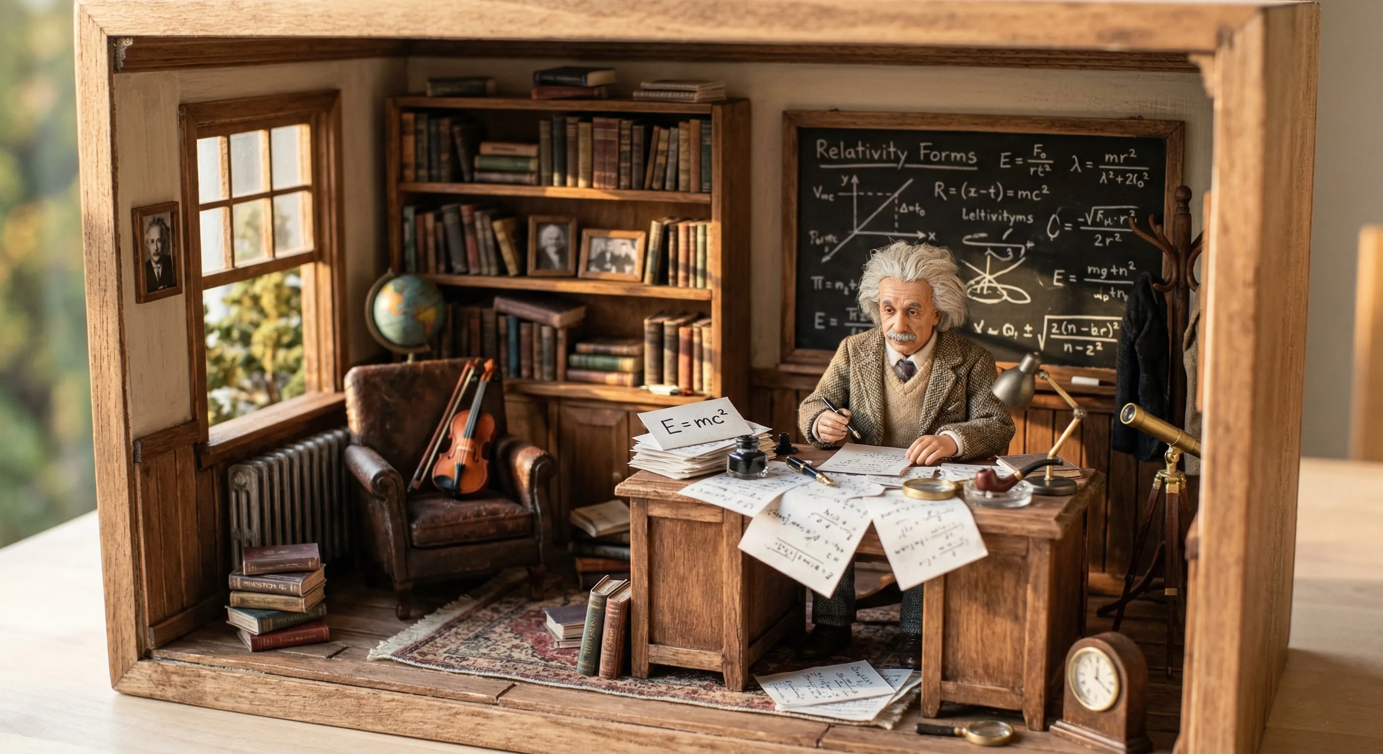 A highly detailed miniature 3D diorama of Albert Einstein’s study room in Princeton, designed like a small open room box. A tiny figurine of Einstein with messy white hair and mustache sits at a wooden desk covered in scattered physics papers showing the equation E=mc². A small chalkboard behind him is filled with handwritten relativity formulas. Old stacked physics books, a miniature violin resting on a chair, and a vintage pipe on the desk add authentic character. Warm golden hour light enters from a side window, casting soft cinematic shadows across the wooden interior. The scene is captured from an eye-level macro perspective with shallow depth of field, emphasizing the handcrafted miniature realism.