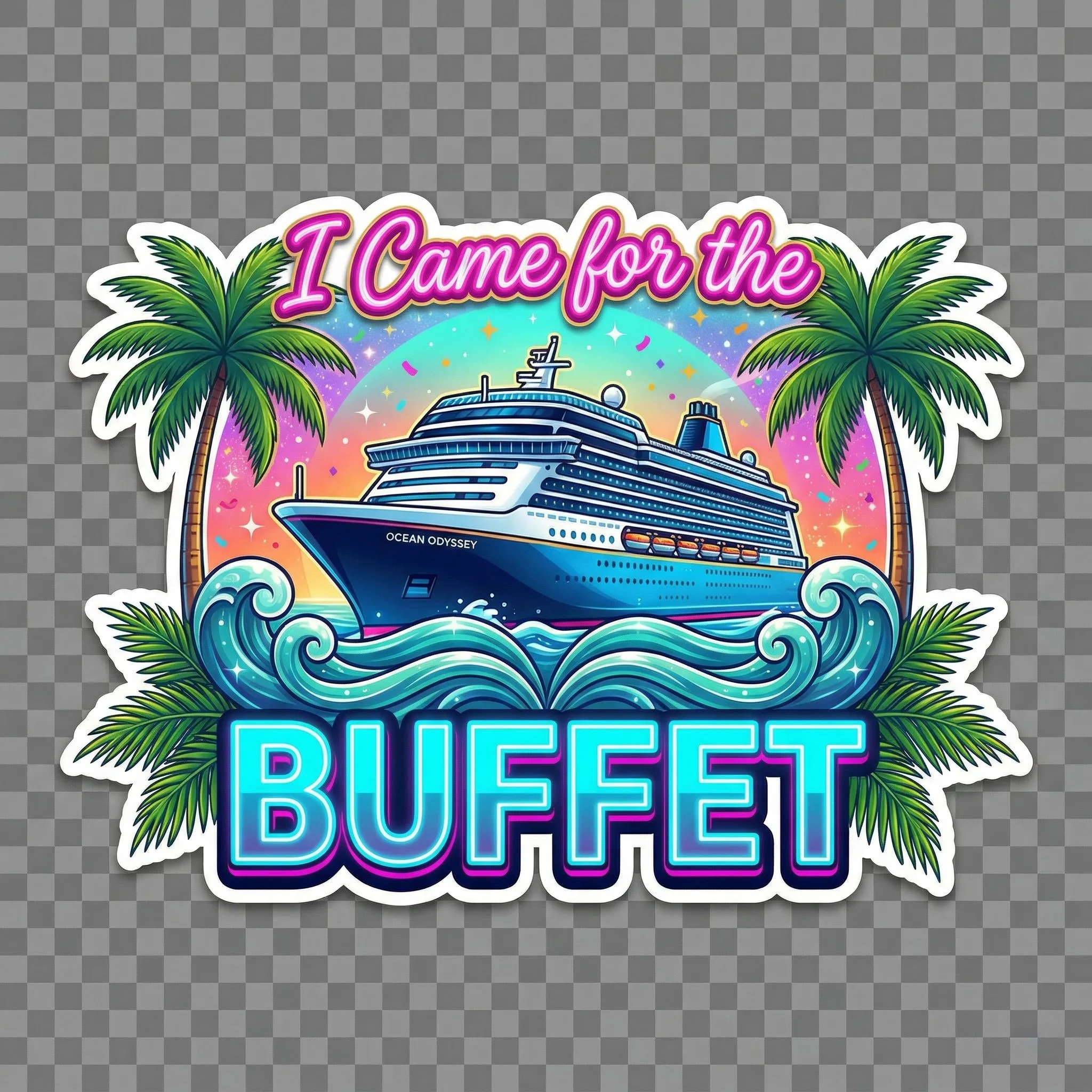 Highly detailed retro tropical neon cruise shirt graphic, centered and symmetrical, transparent background, bold sticker-style outline. Large modern cruise ship in white, navy, and bright blue tones sailing over stylized teal waves with foam curls, glossy highlights and smooth shading. Two tall palm trees frame left and right sides with extra palm fronds at the bottom corners. Luminous sunset halo background in orange, pink, aqua, and violet with glitter sparkles, stars, and confetti. Top text says “I Came for the” in playful neon script, hot pink with white glow and gold outline. Bottom text says “BUFFET” in extra bold stacked block letters, bright cyan neon glow with magenta accents. Funny cruise foodie vibe, high saturation, clean edges, polished digital vector illustration, print-ready PNG, no watermark, no background rectangle.