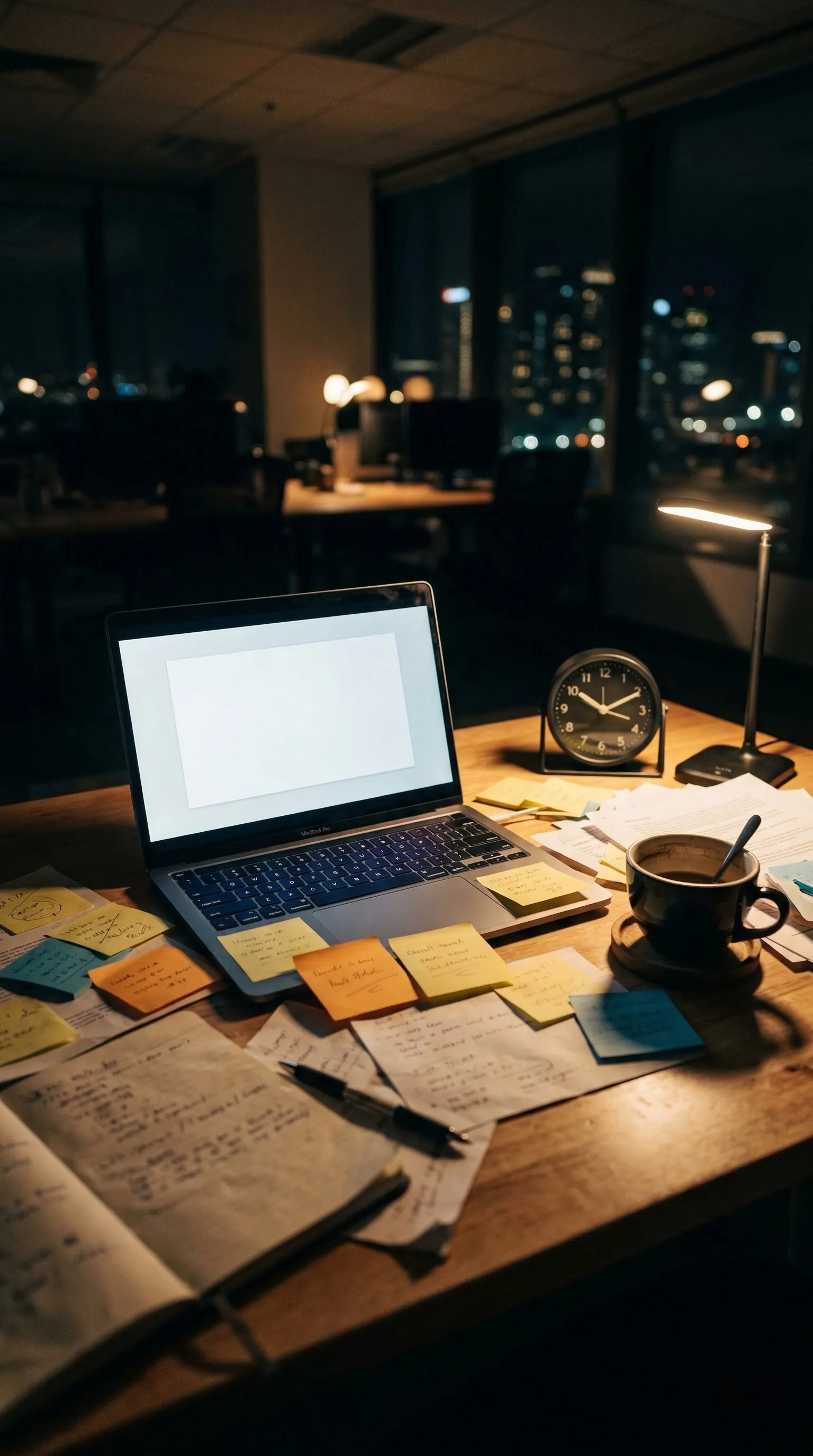 Vertical 9:16, photorealistic, cinematic lighting, modern office desk, shallow depth of field, high contrast, realistic textures, soft shadows, professional commercial photography, 4K, sharp focus, slight background blur, no people, no hands, no text, no logo, no watermark. Night desk mood: messy papers and sticky notes, laptop with a blank slide placeholder (no text), coffee cup, analog clock (no readable numbers), “work dragging on” feeling.