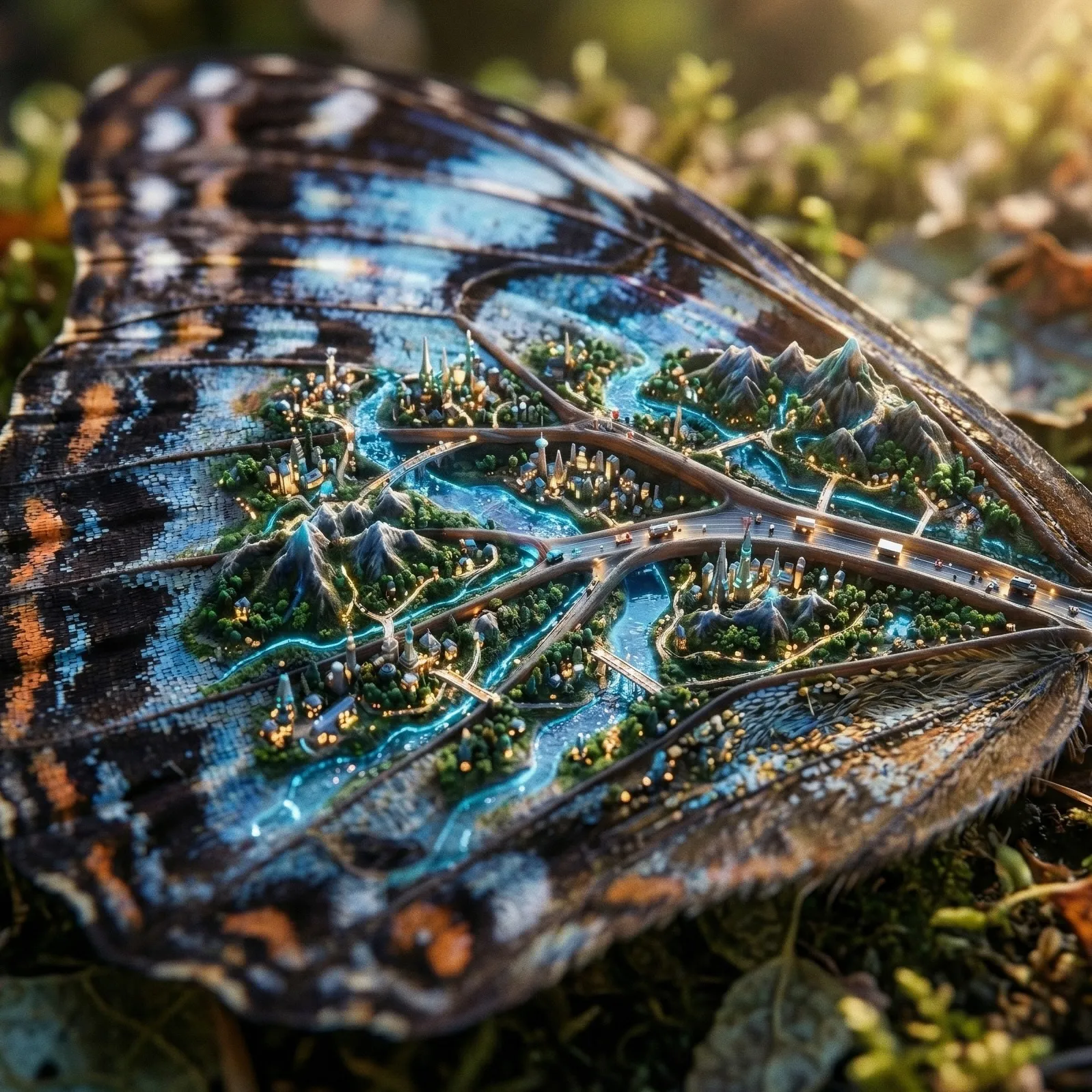 A single butterfly wing magnified 1000x revealing an entire civilization living within its patterns, tiny glowing cities, microscopic rivers and mountains, tilt-shift photography style, mind-bending scale contrast