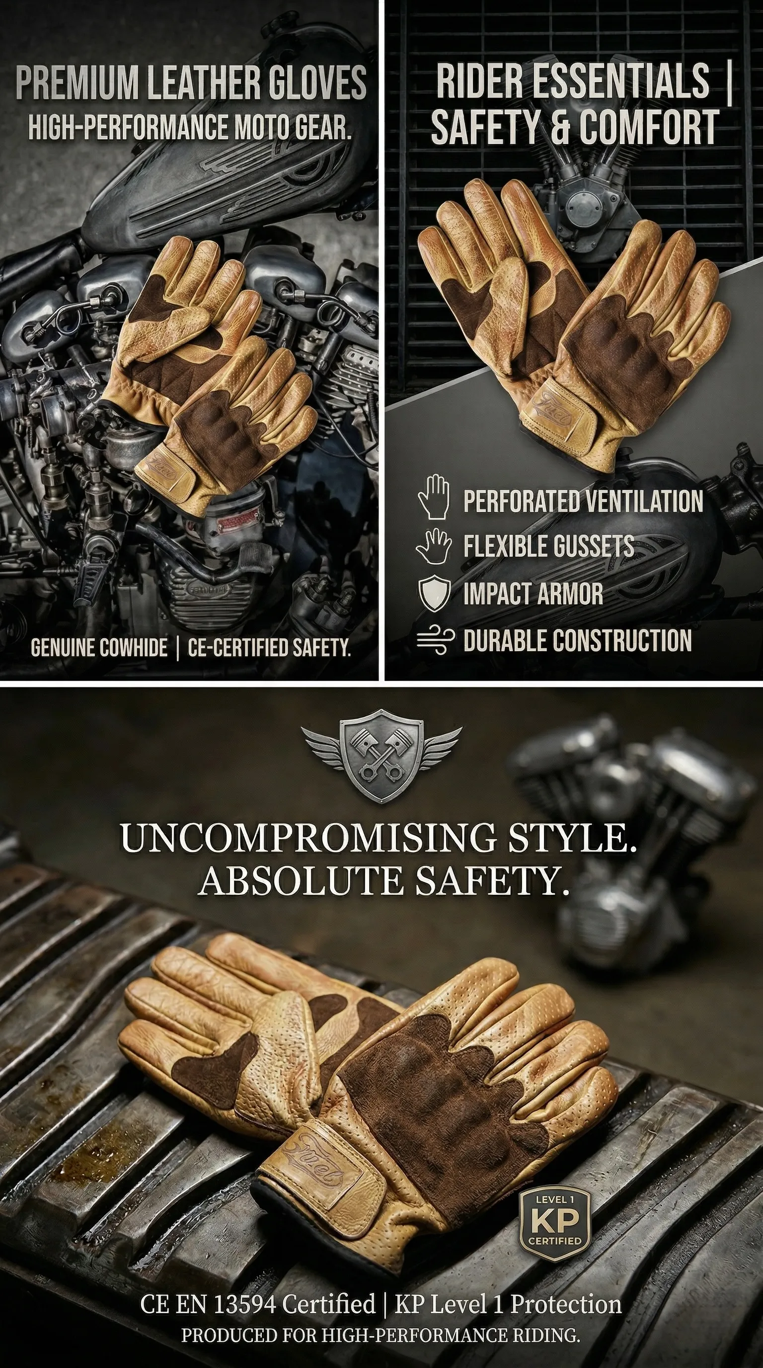 high-resolution vertical marketing poster featuring a detailed close-up of a pair of brown leather and dark brown suede perforated motorcycle riding gloves, fanned out and overlapping. The gloves have a branded embossed 'Fuel' leather patch on the wrist. The background is a detailed, industrial close-up of a vintage motorcycle engine and exhaust pipes with heavy metal textures. At the very top, large, bold white sans-serif text reads "PREMIUM LEATHER RIDING GLOVES", followed by smaller white text "VINTAGE STYLE. UNCOMPROMISING SAFETY.". Below the text, a horizontal row of four function icons and texts: [icon: textured leather piece] "100% Genuine Cowhide & Suede", [icon: shield] "Built-in PVC Knuckle Armor", [icon: flexed hand] "Accordion Gussets for Flexibility", [icon: certificate and medal] "CE EN13594 Level 1 KP Certified". At the bottom left, a metallic silver brushed badge is prominently placed, with clear text: "EN13594 LEVEL 1", "KP" (large), "CERTIFIED". At the very bottom, a final line of small white text reads "Fuel Your Ride. Maximum Protection.". High resolution, professional product photography style with cinematic lighting, marketing poster layout, 9:16 aspect ratio.