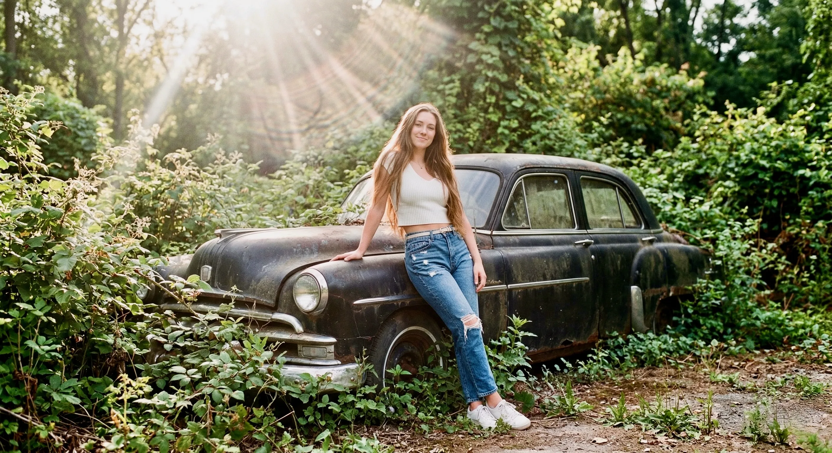 A straight-on medium shot features a young woman with light skin and long brown hair, standing outdoors beside a weathered black car. The woman is dressed in a white cropped top and blue denim jeans, leaning slightly to her left. Natural sunlight from the upper left casts a bright, diffused glow, creating lens flare and soft highlights around her silhouette. The background is dense with green foliage, suggesting an overgrown, possibly abandoned area. A Web-like pattern of sunbeams and light scatter are noticeable, adding a dreamy, ethereal quality to the image. The overall atmosphere is a mix of romantic and rustic, with the bright daylight contrasting against the overgrown and slightly neglected environment.
HEX VALUES: ["#4a494c", "#5e5d60", "#373439", "#797978", "#232227", "#b1a8a4", "#959192", "#975162", "#8b2e43", "#825e53", "#68212c", "#cfc9c3", "#f2f0ed", "#a3727c", "#61403d"]