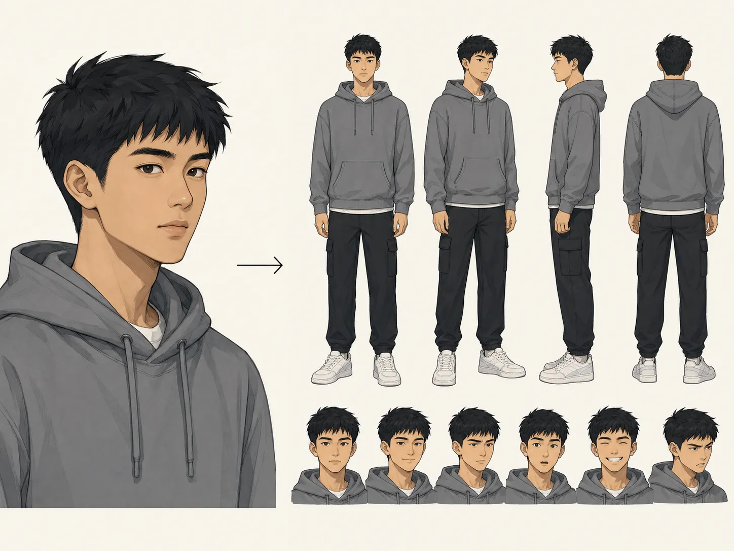 Single portrait expanded into a full character reference sheet with front, side, back, outfit, and prop views.