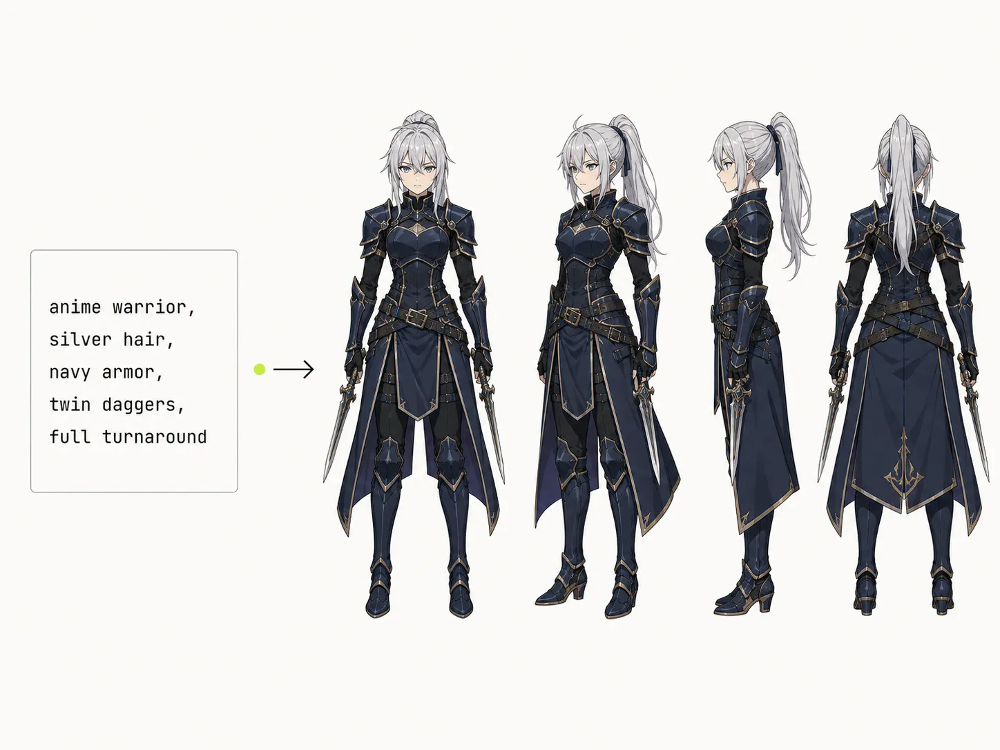 Character design prompt converted into a multi-view model sheet with clean line art and a unified color palette.