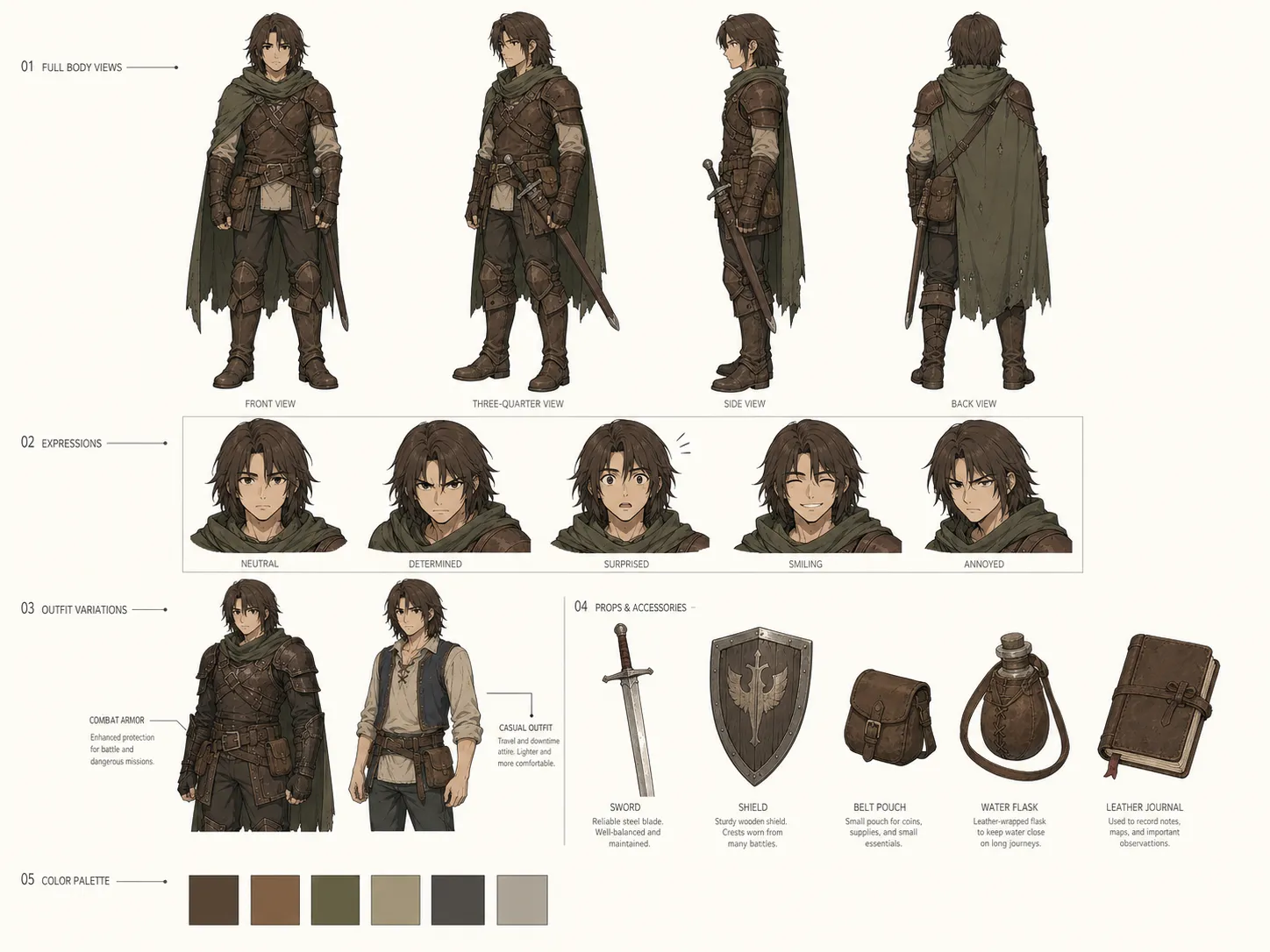 Production character sheet with turnaround views, expression strip, costume variation, prop layout, and color swatches.