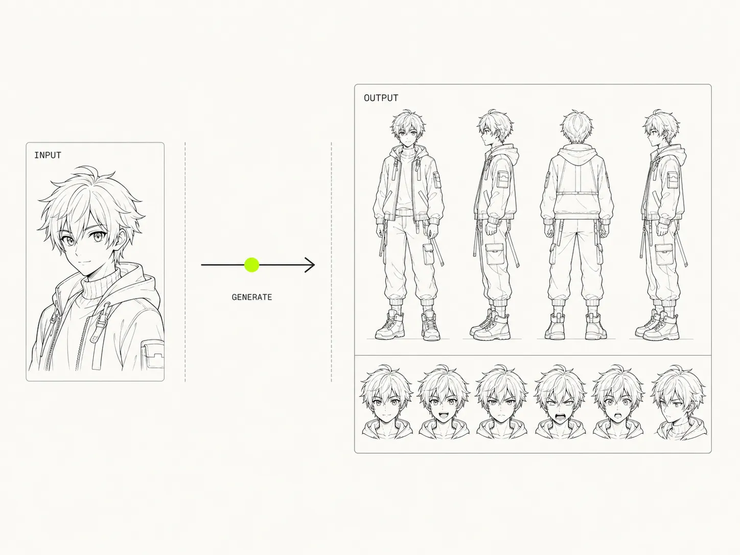 AI model sheet workflow showing reference upload, sheet format selection, and final character reference export.