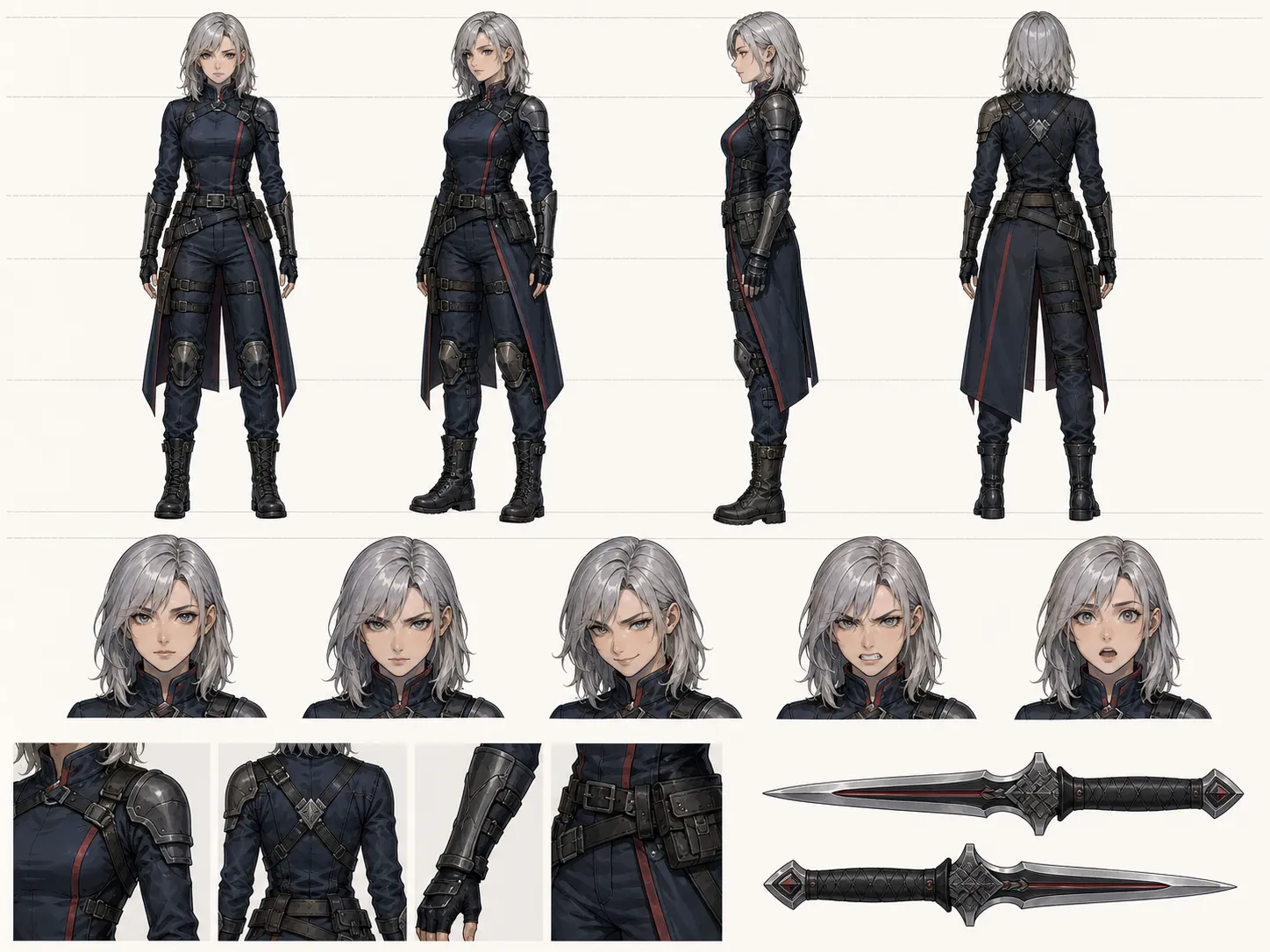 Single portrait expanded into a full multi-view character reference sheet — by the AI Model Sheet Generator
