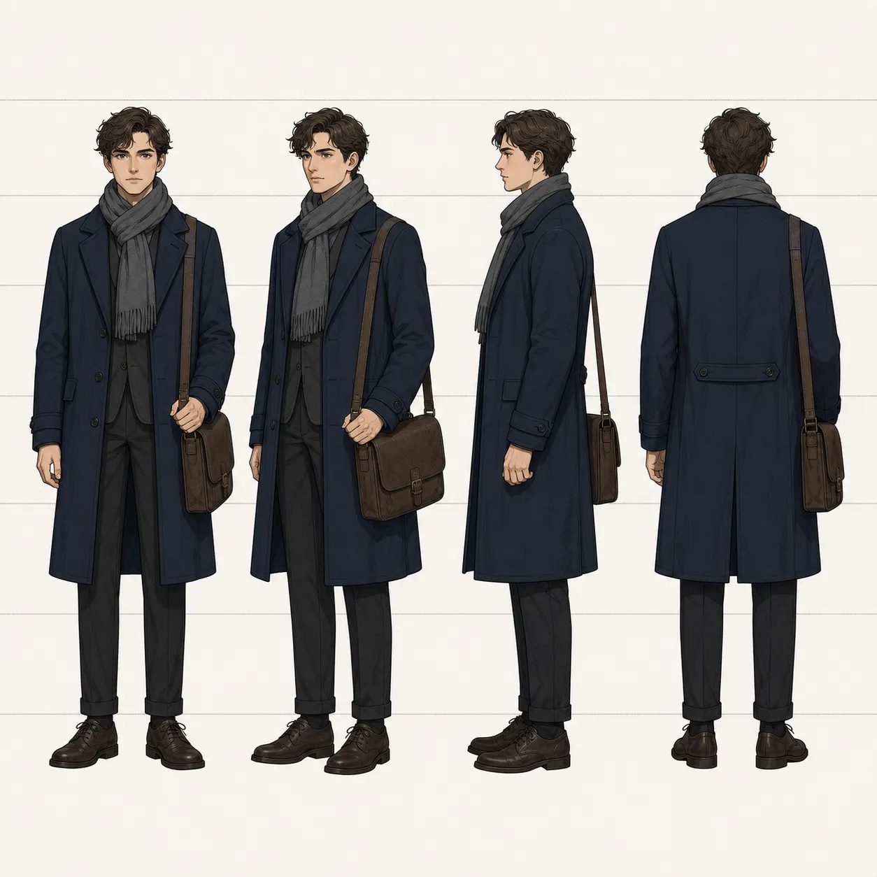 Orthographic character turnaround with front, three-quarter, side, and back views aligned to one silhouette.