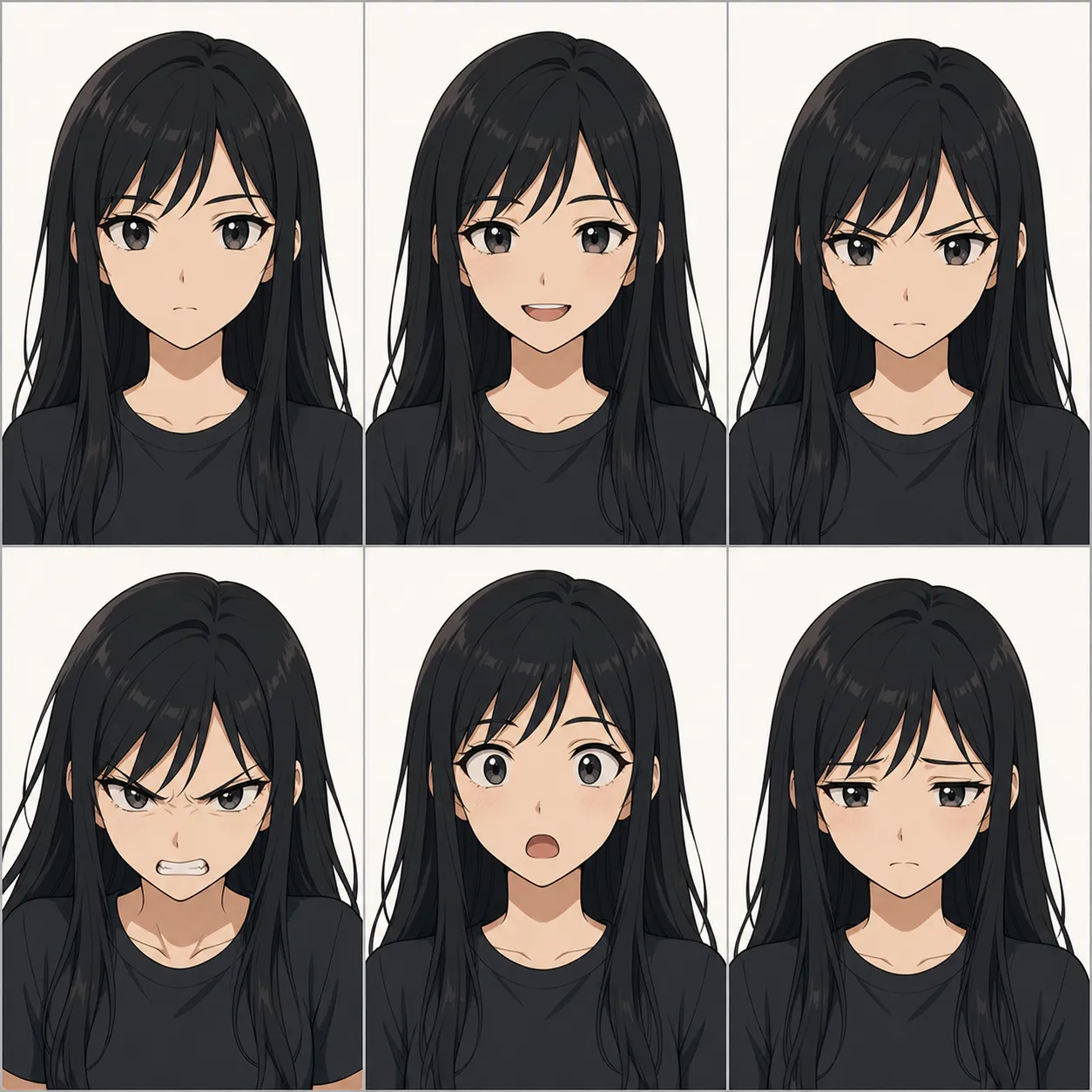 Character expression sheet showing neutral, happy, angry, sad, shocked, and focused faces with consistent features.