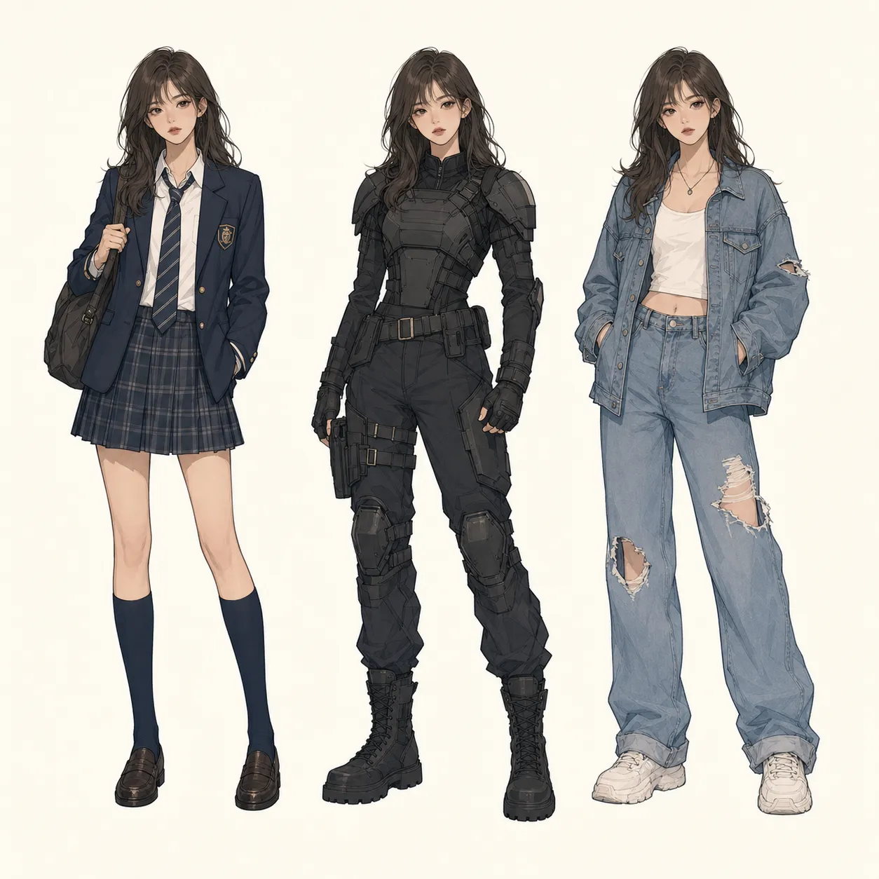 Same character shown in multiple outfit variations while keeping body proportions, hairstyle, and signature accessories.
