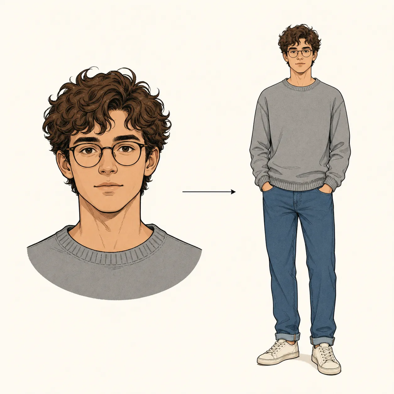 Headshot expanded into a full-body character design with posture, costume, shoes, hands, and props.