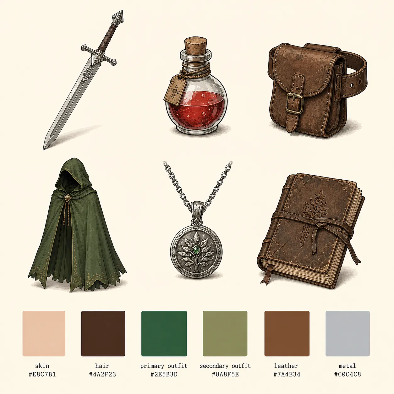 Character sheet detail panel with weapons, accessories, badges, hairpin, and color palette swatches.