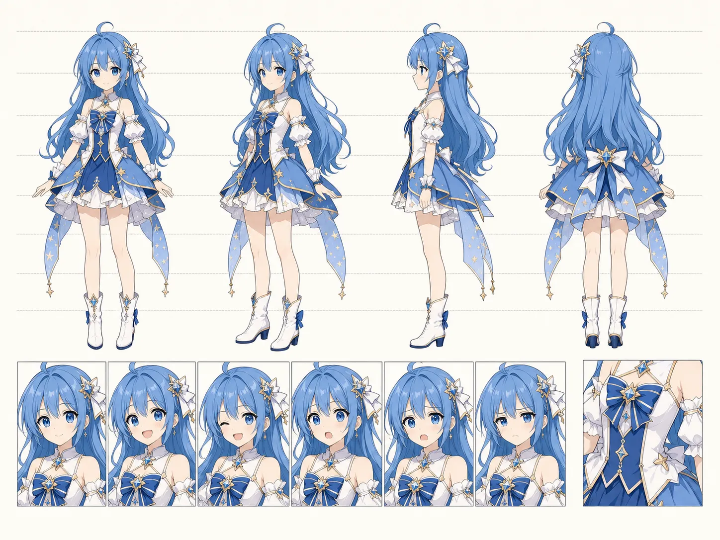 Animation character reference sheet with front, side, back, and expression views using consistent proportions and colors.