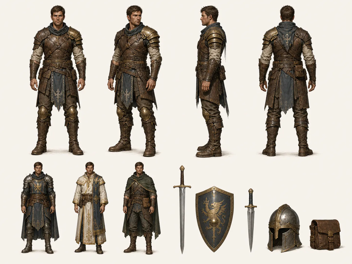 Game character bible showing multi-view character poses, outfit variations, weapon layout, and prop callouts.