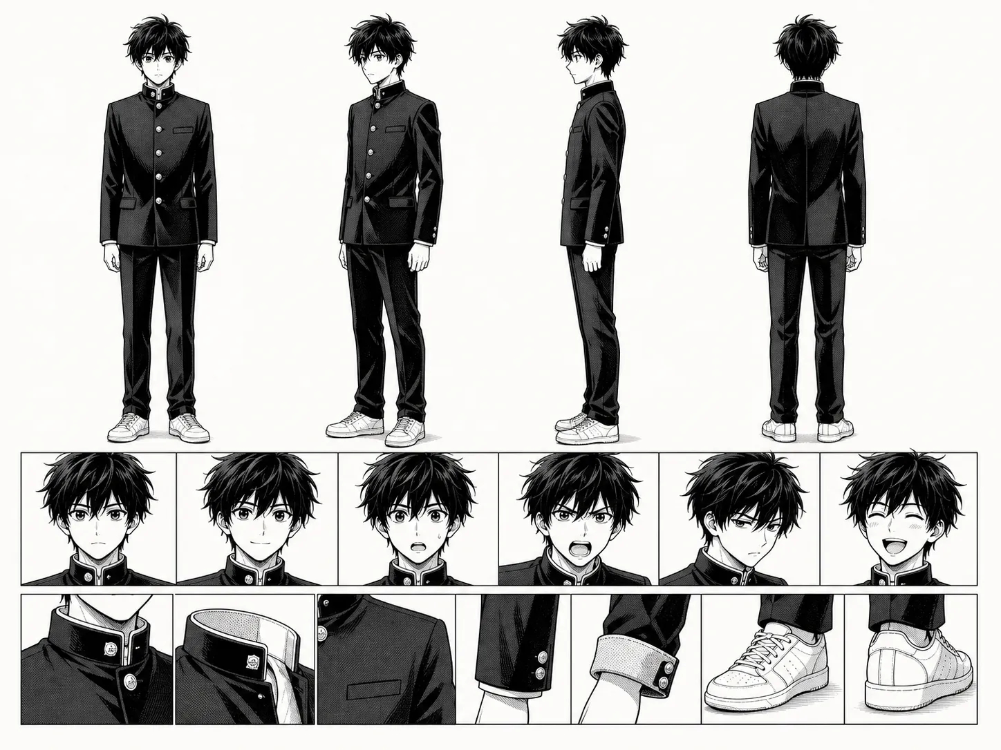 Comic and manga model sheet with a character turnaround, facial expressions, outfit details, and consistent panel-ready design.