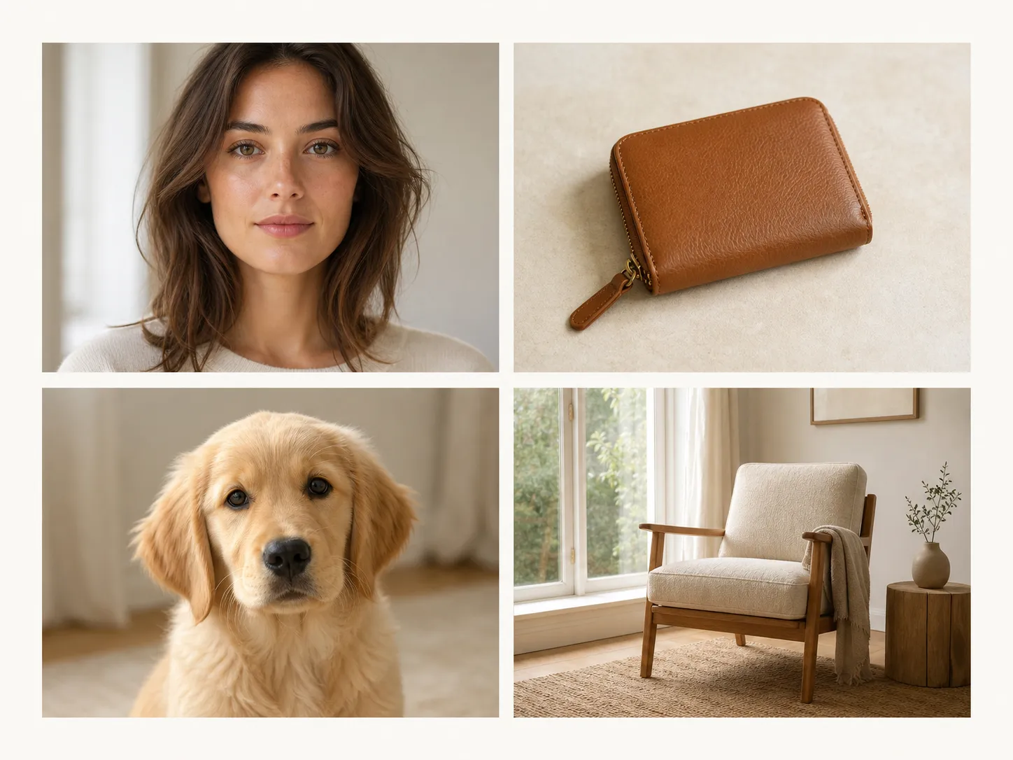 Grid of portrait, product, pet, and interior photos prepared for AI camera angle changes.