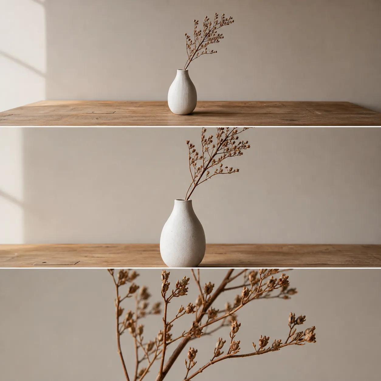 Photo framing examples showing wide, medium, and close-up shots with level and overhead camera tilt.