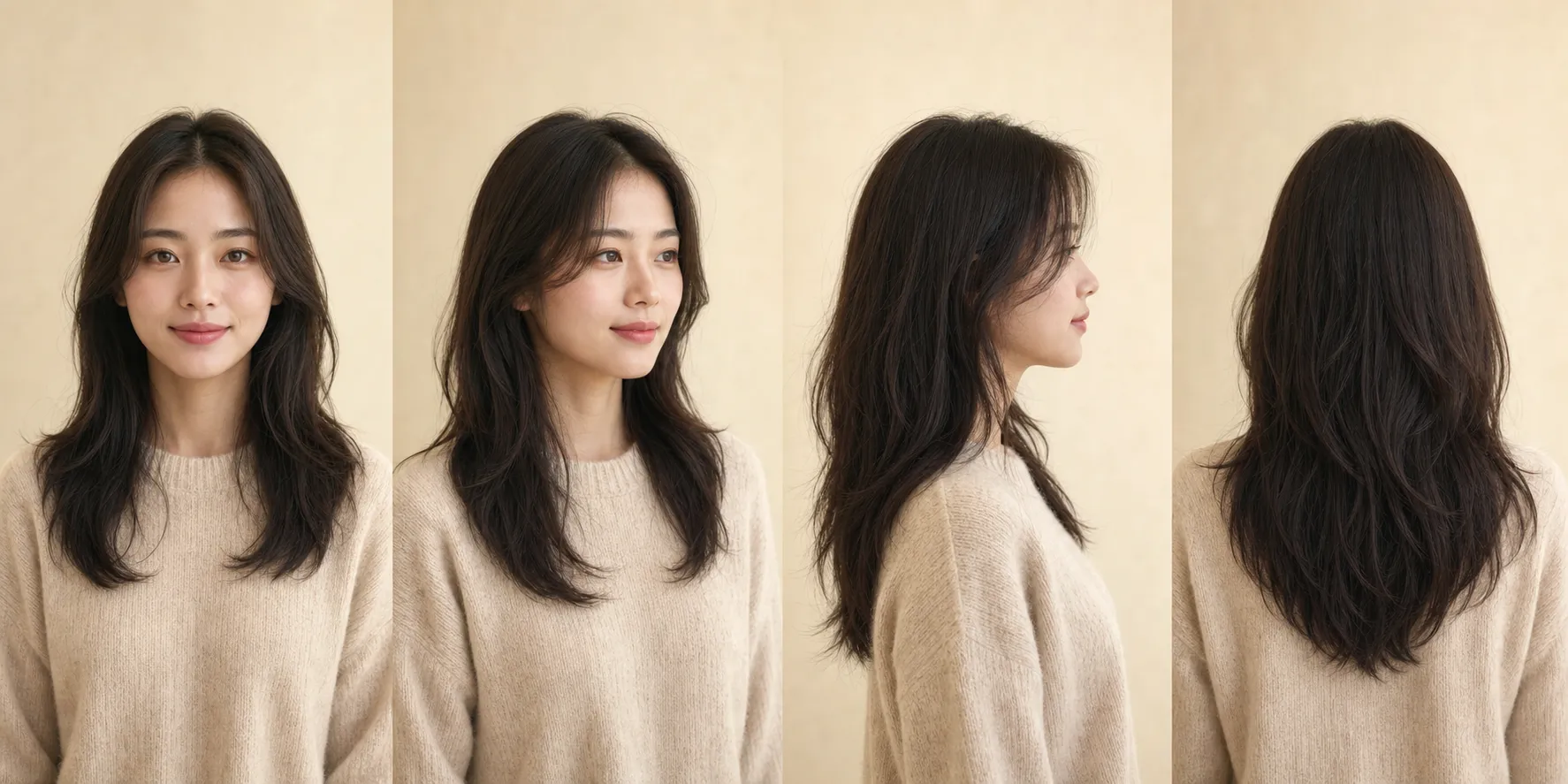 Same person photographed from four camera angles — front, three-quarter right, side profile, back-of-head — demonstrating the changes camera angle online workflow on a portrait subject.