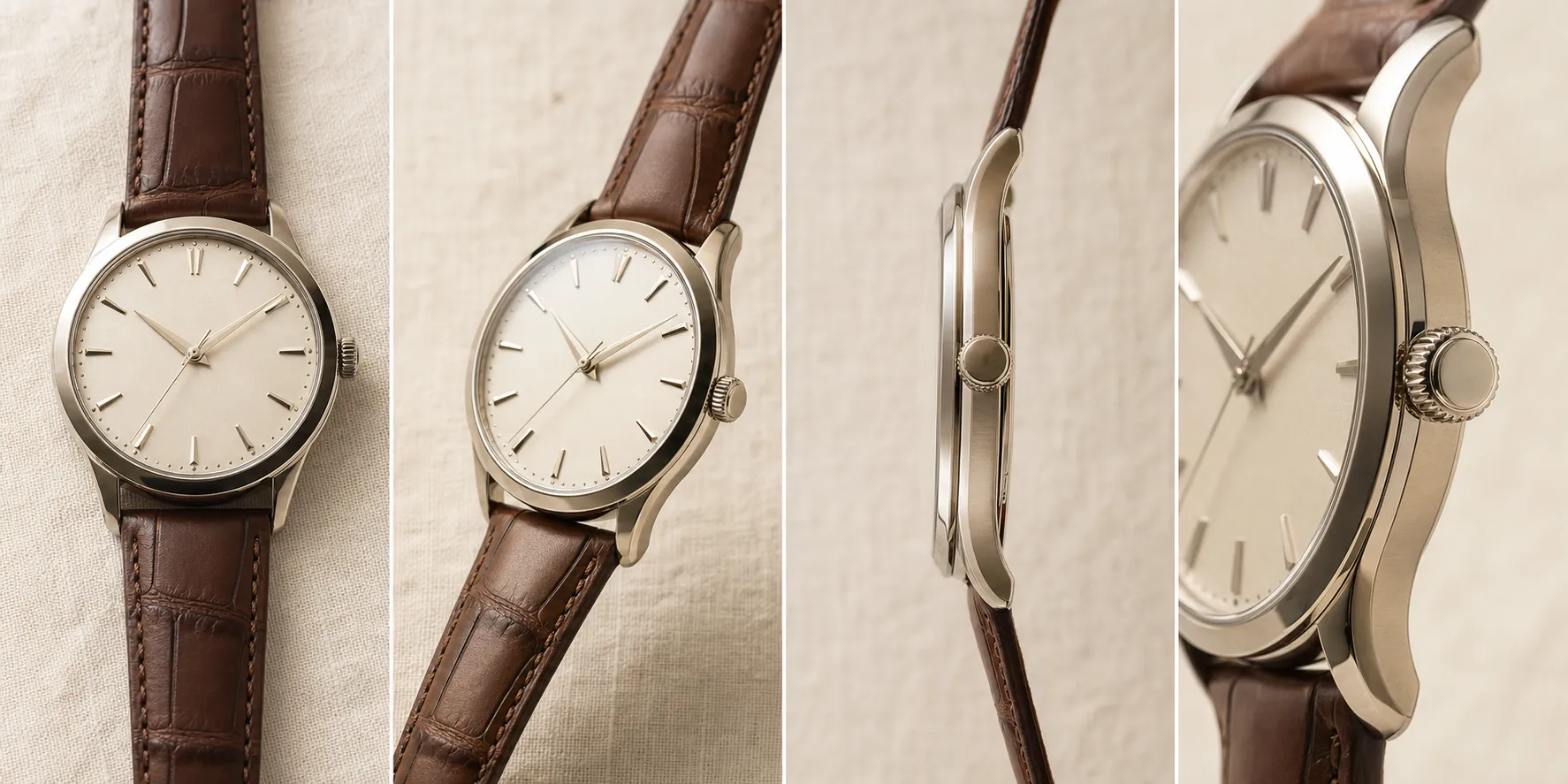 Single luxury wristwatch shown from front, three-quarter, side, and detail close-up — generated by the changes camera angle online tool with identical lighting across all four angles.