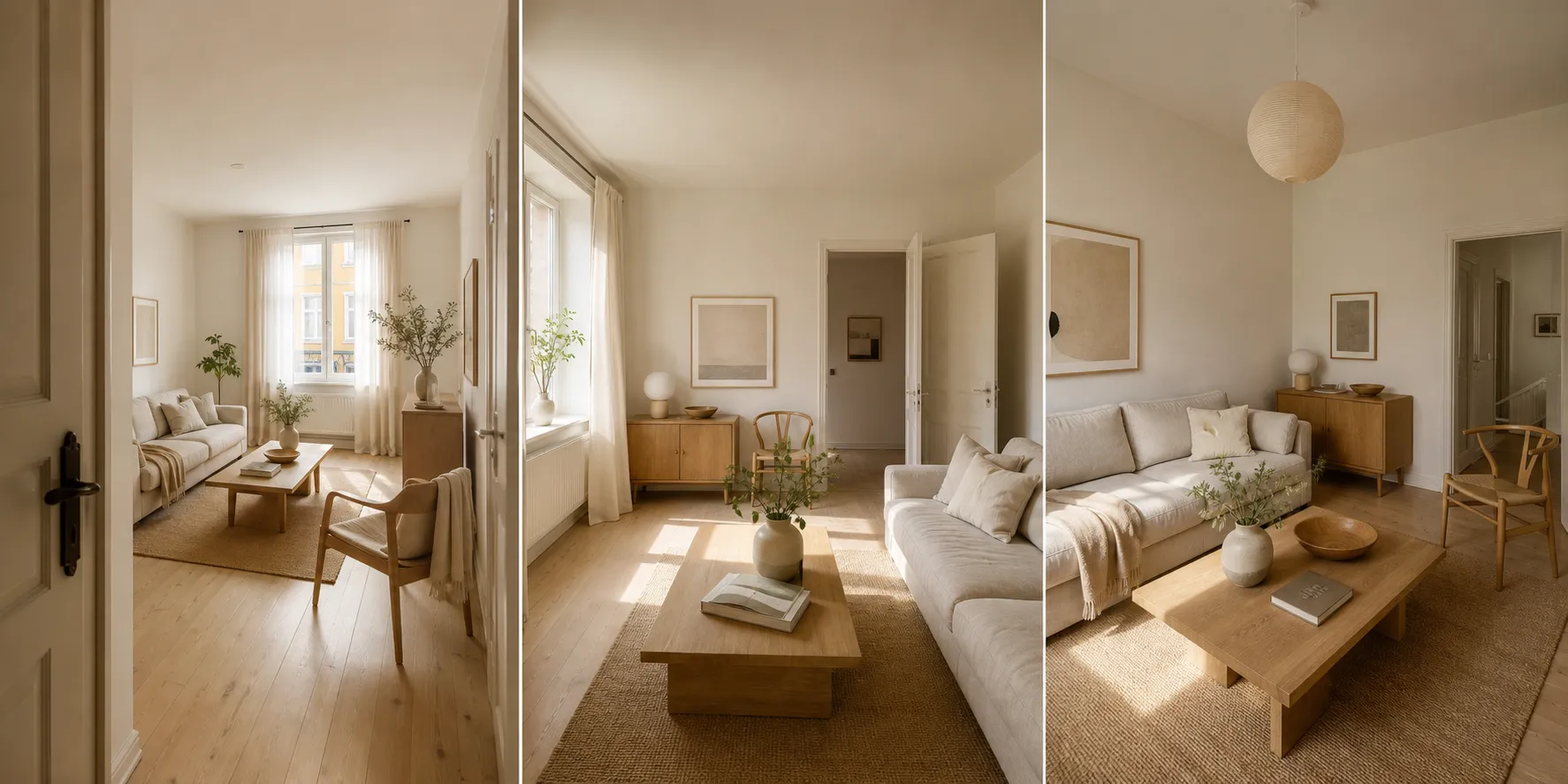Same Scandinavian living room photographed from doorway, window-side, and corner three-quarter vantages — output from the changes camera angle online workflow on an interior scene.