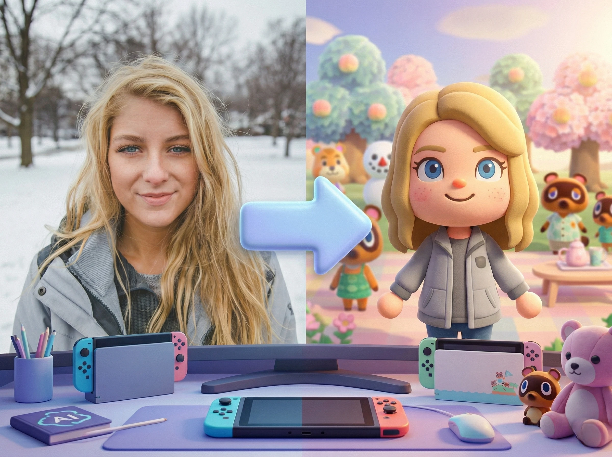 Animal Crossing character creation workflow showing prompt writing, style generation, and finished villager output.