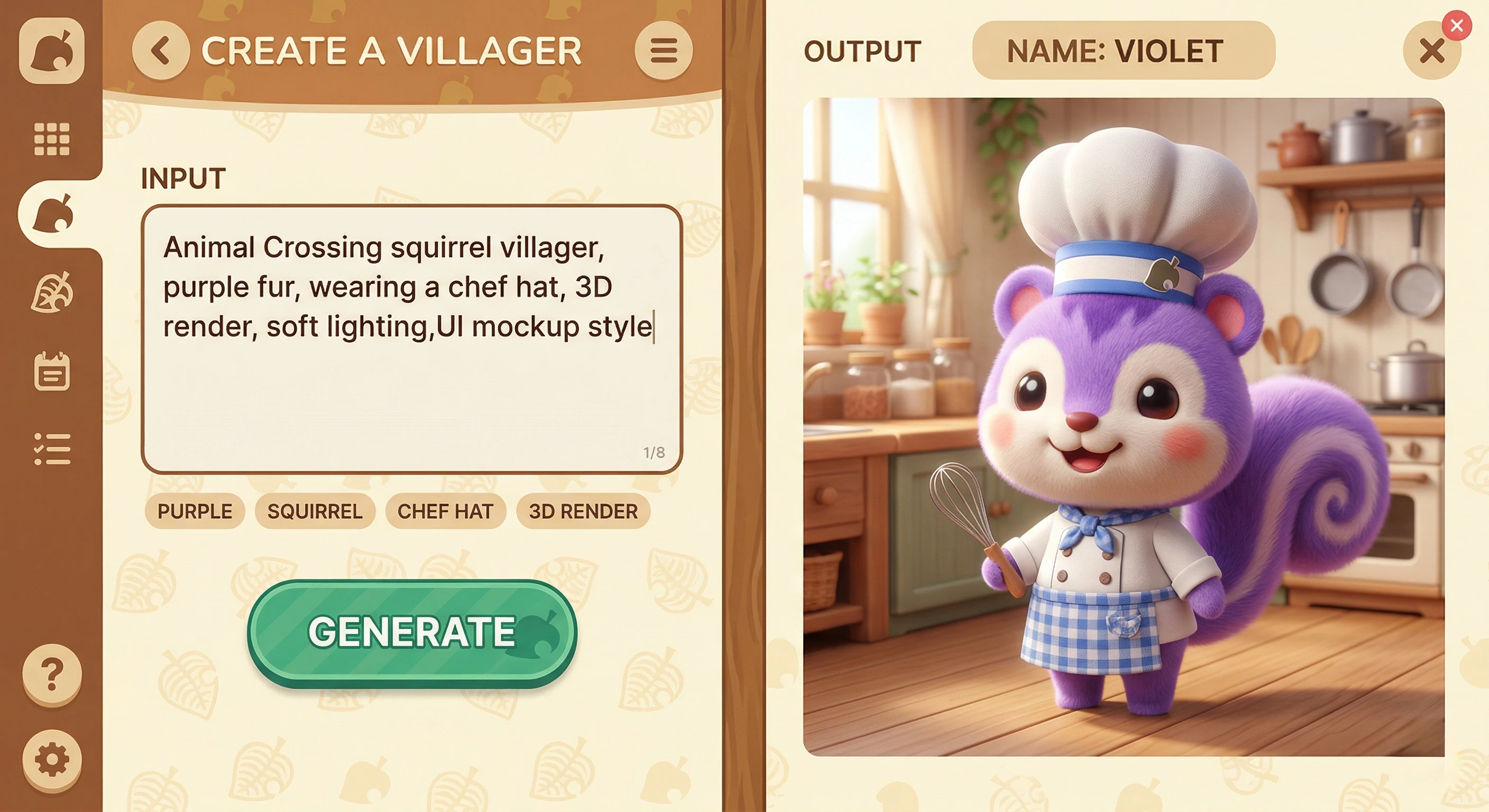Custom Animal Crossing villager with rounded face, soft fur colors, simple outfit, and toy-like 3D styling.