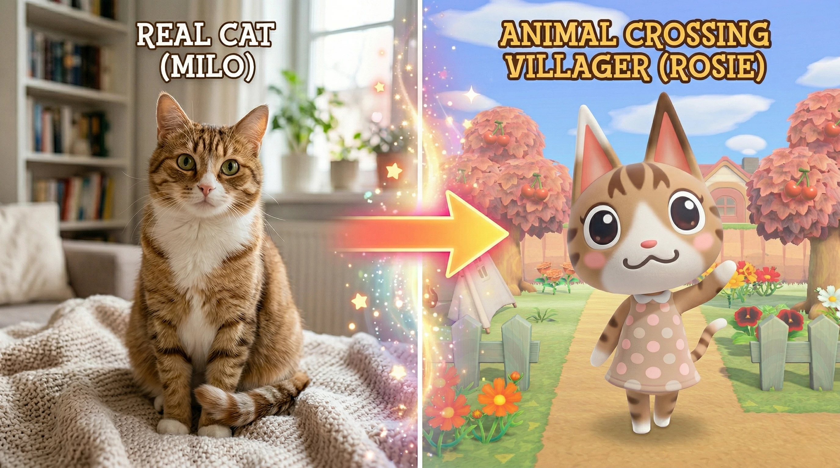 Before-and-after style image showing a selfie transformed into a cute Animal Crossing character.