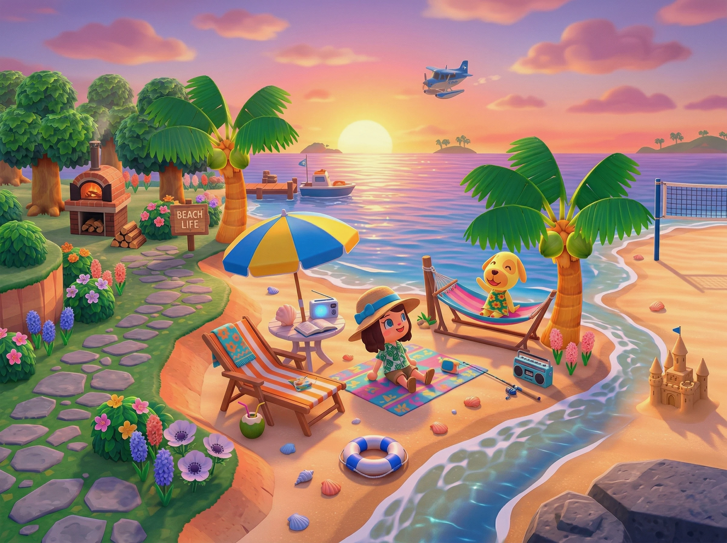 Cozy Animal Crossing island scene with tropical trees, campsite details, rounded paths, and soft game-like lighting.