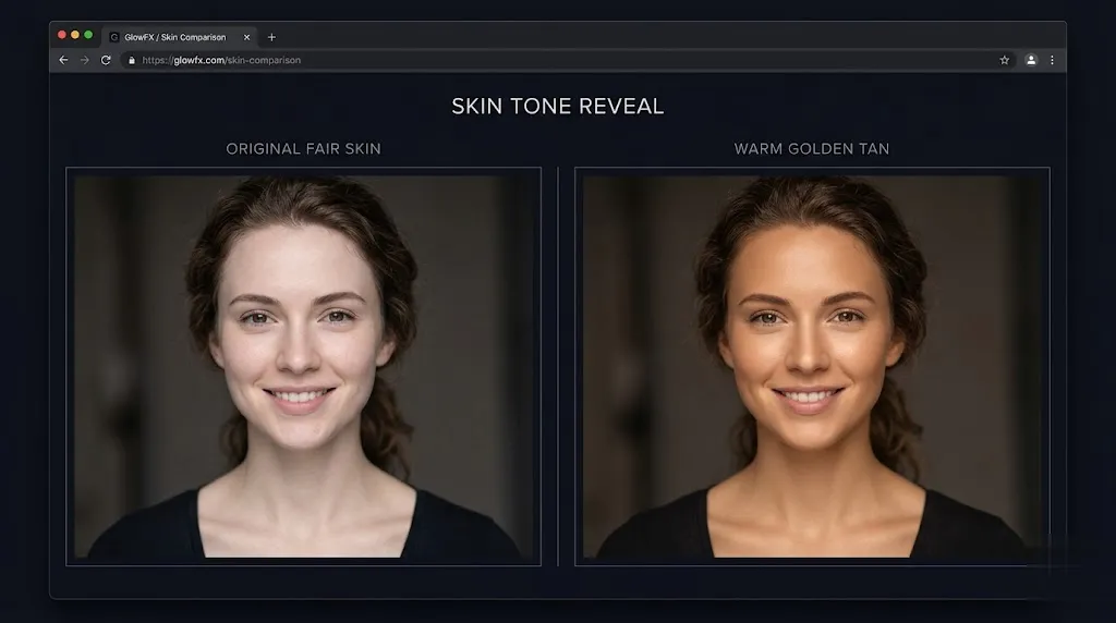 Browser skin color editor with an uploaded portrait, tone prompt field, and edited result preview.