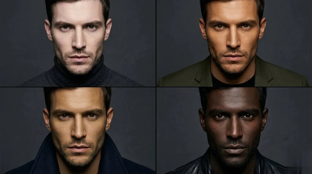 Creative portrait variations showing fantasy and concept-art skin tones with realistic facial details.