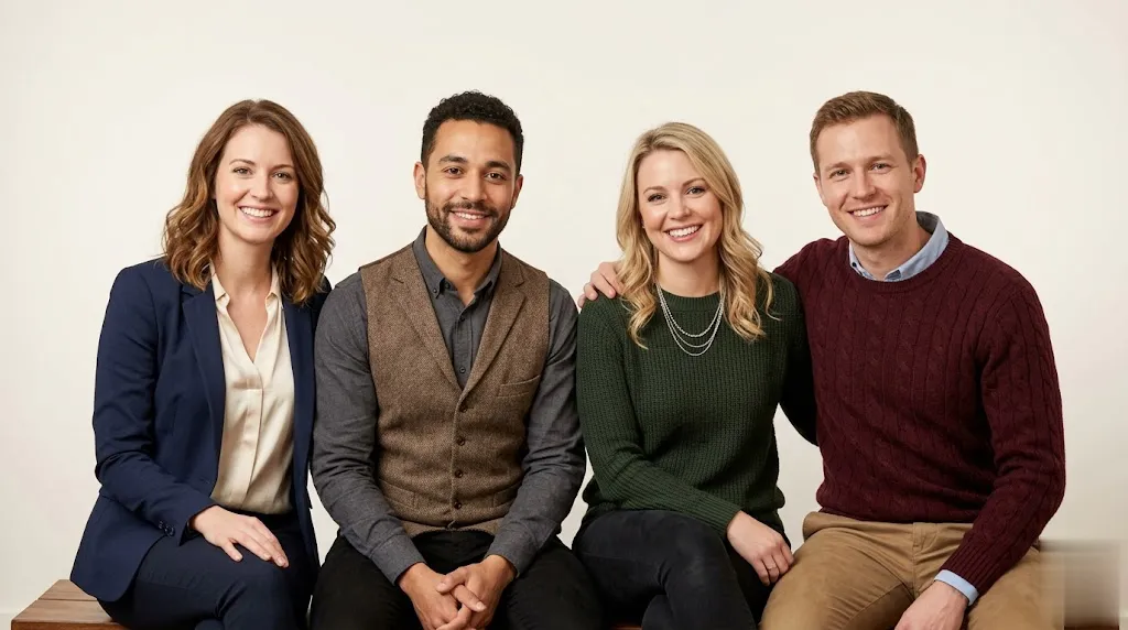 Group photo before and after with uneven facial shadows corrected into balanced skin tones.