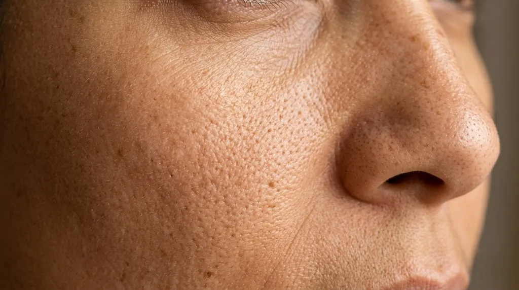 Close-up portrait showing changed skin tone while freckles, hair, clothing, and background remain unchanged.