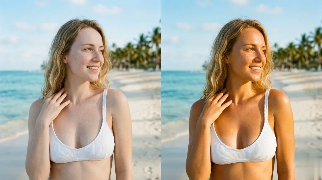 Portrait edited with a natural sun-kissed bronze tan while keeping soft outdoor lighting.