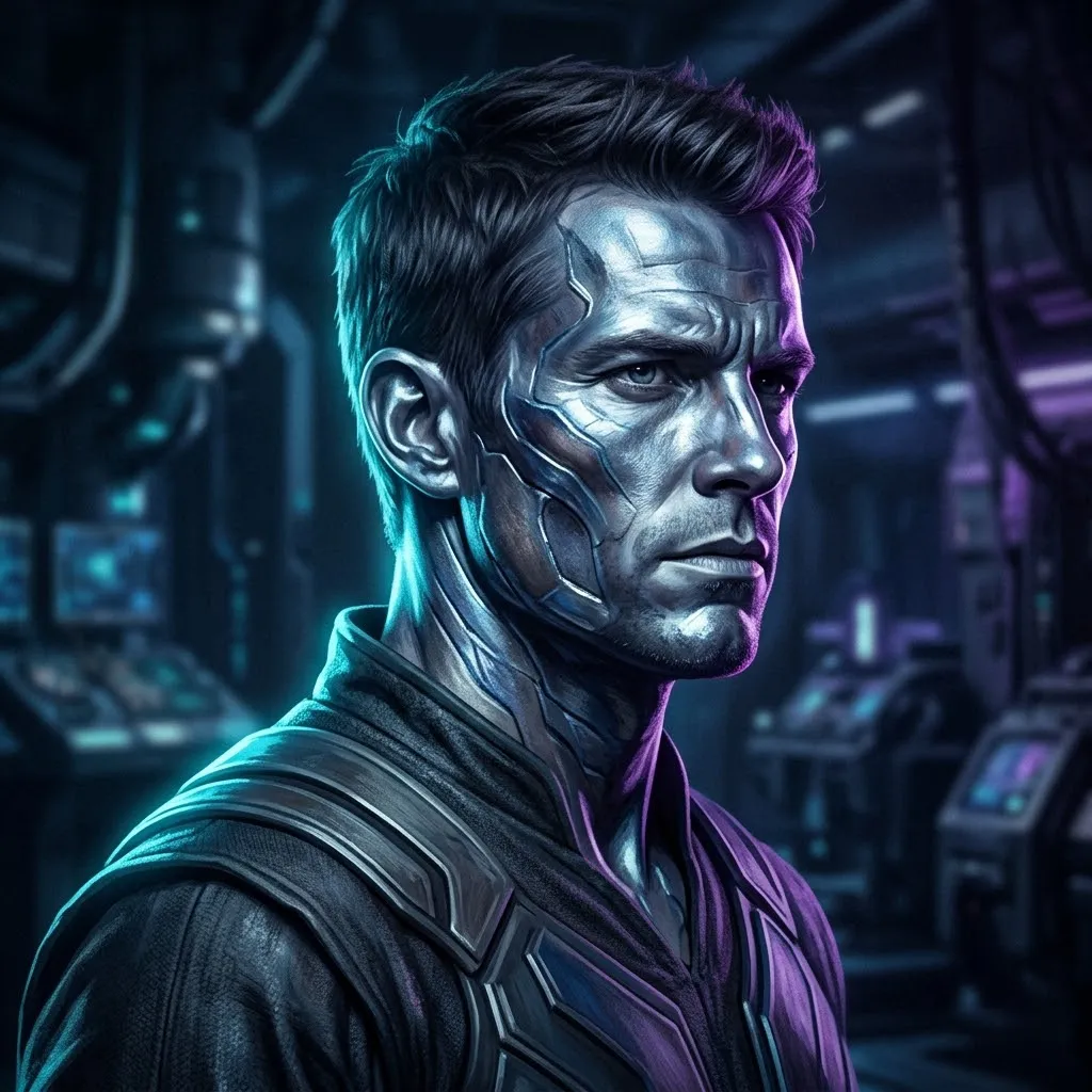 Creative portrait with vivid fantasy skin color for cosplay and character design while keeping realistic facial structure.