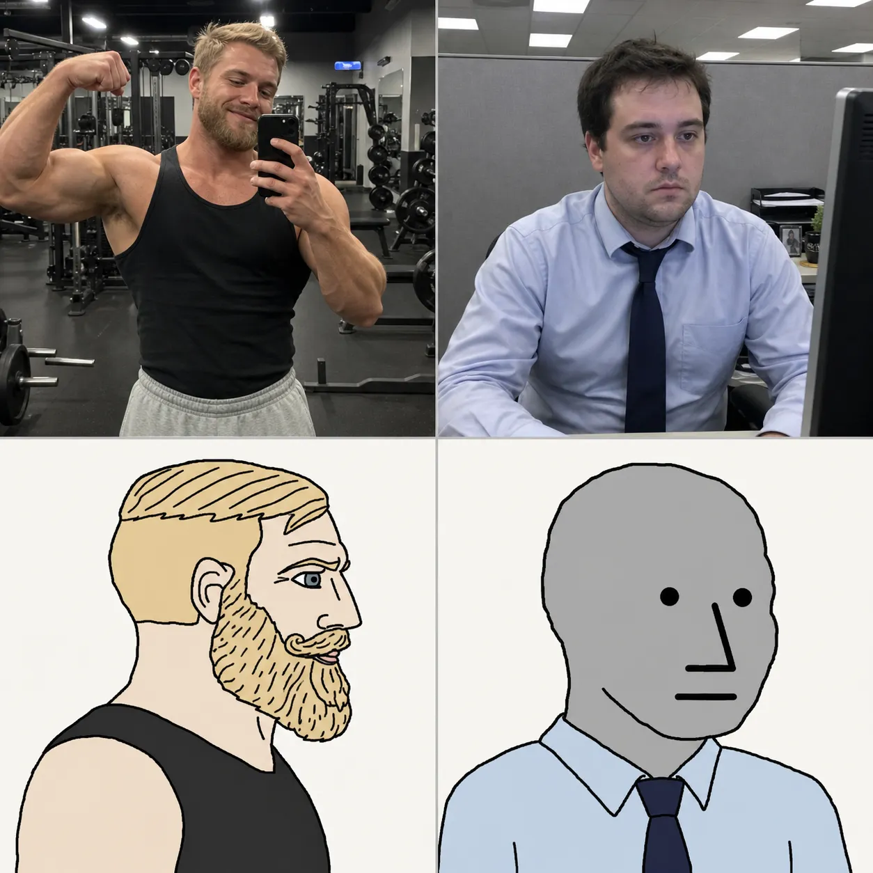 Chad versus NPC Wojak comparison meme pairing with exaggerated confident and blank-faced character designs.